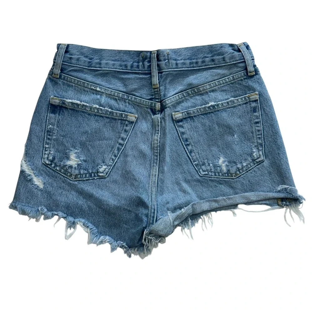 Agolde Womens Fly Button High Rise Distress Mini Denim‎ Shorts Blue Size 23